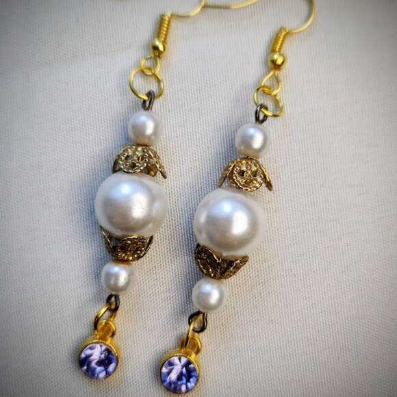 Handmade, Earrings with Upcycled Vintage Faux Pearls, Purple Crystal, Dangle - Picture 1 of 4